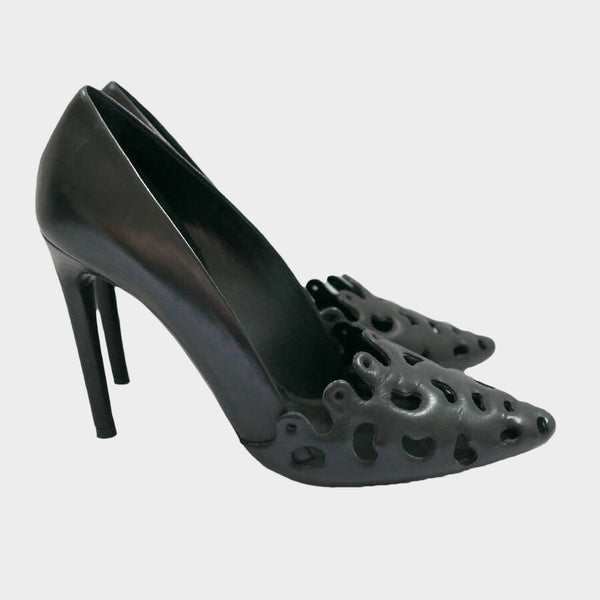 Proezna Schouler Black Leather heeled pumps with cut outs at the