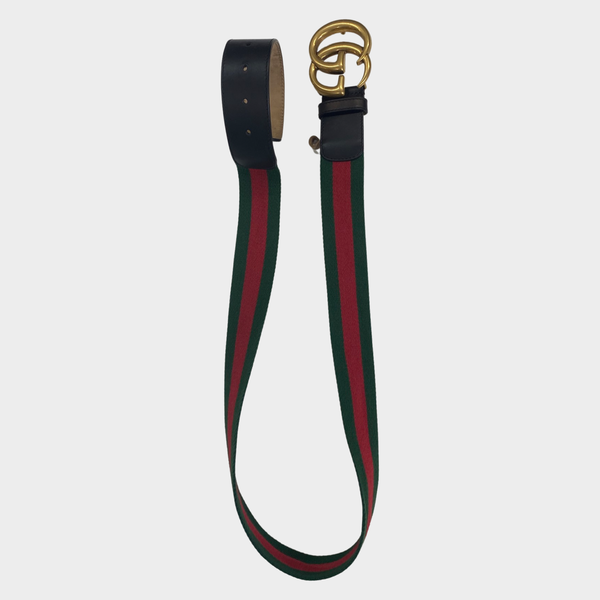 Gucci Men's Green and Red Stripe Belt With Gold GG Logo Buckle – Loop  Generation