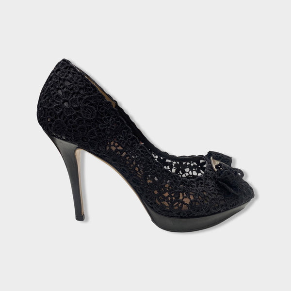 SALVATORE FERRAGAMO black lace open toe pumps Loop Generation