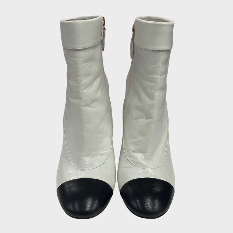 Chanel women's white leather boots with pearl heel details