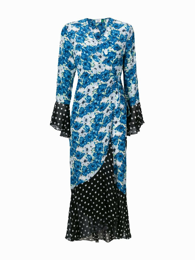 Rixo blue floral print silk Luna wrap dress