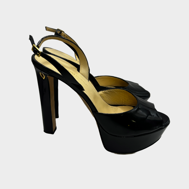 Jennifer Chamandi black patent leather platform sandal heels