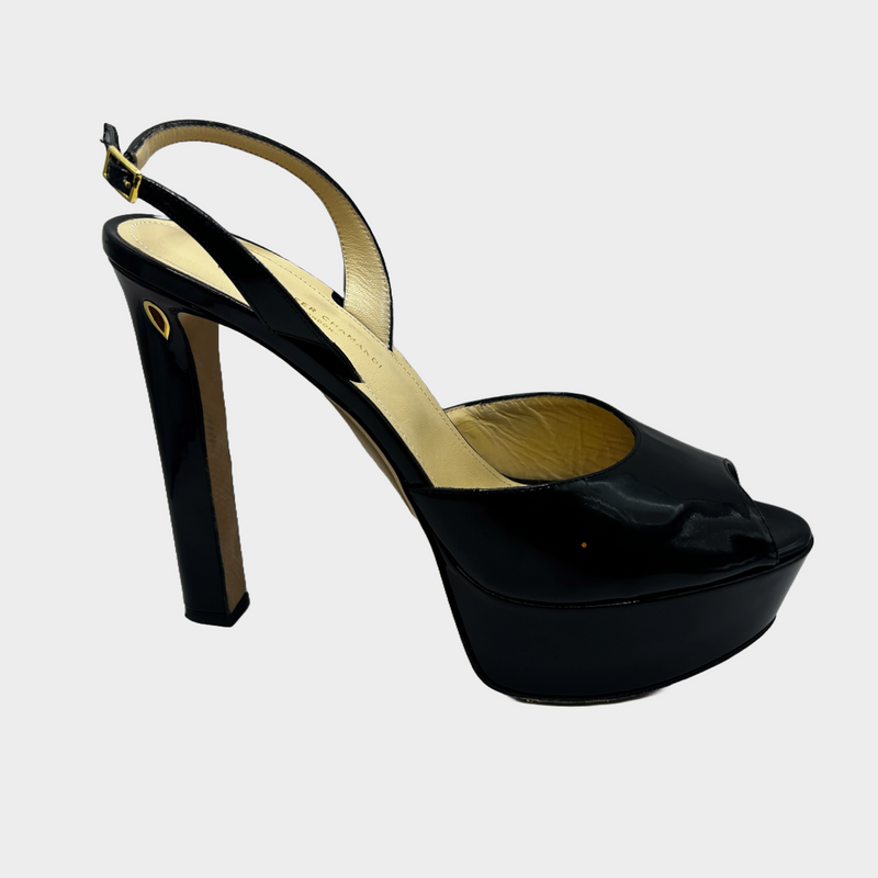 Jennifer Chamandi black patent leather platform sandal heels