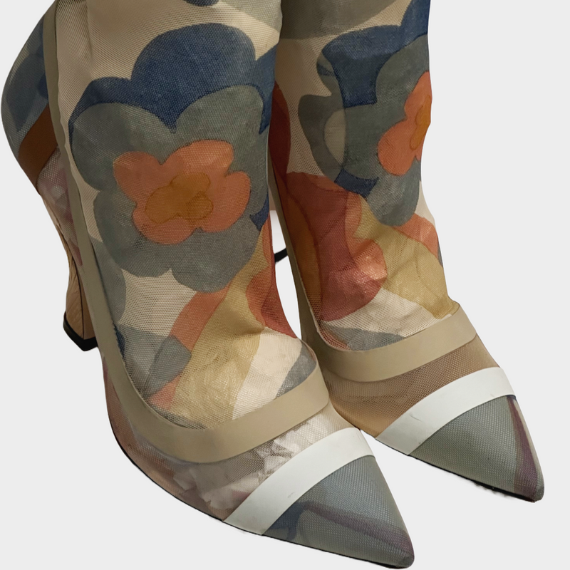 Fendi women's multicoloured flower print mesh knee-high boots