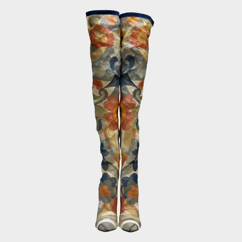 Fendi women's multicoloured flower print mesh knee-high boots