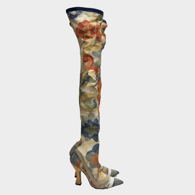 Fendi women's multicoloured flower print mesh knee-high boots