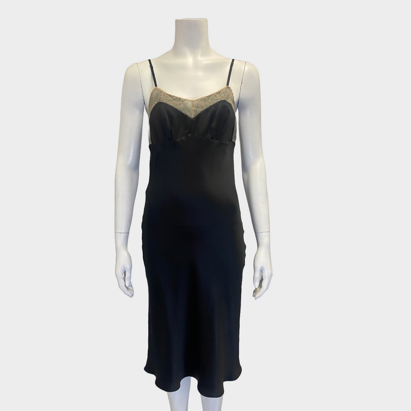 Maison Margiela black silk slip dress with lace trim on bust