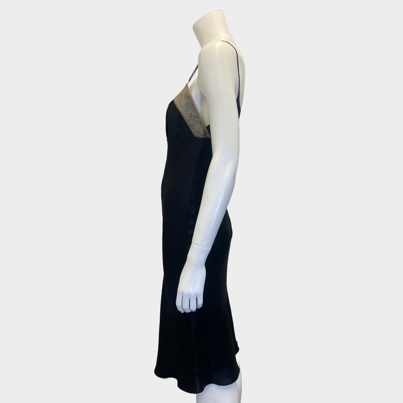 Maison Margiela black silk slip dress with lace trim on bust