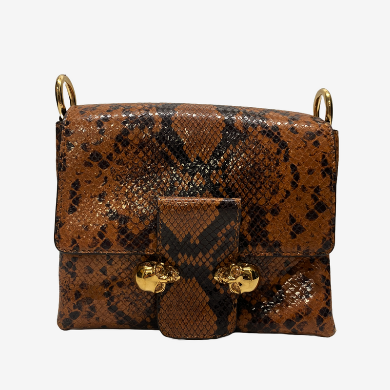 Alexander Mcqueen women's tan snakeskin leather handbag with gold skull closure