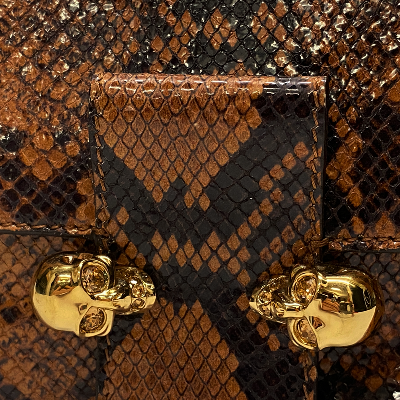 Alexander Mcqueen women's tan snakeskin leather handbag with gold skull closure