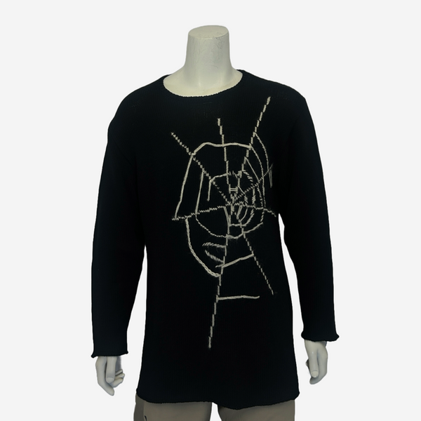 Yohji Yamamoto men's black cotton knitted jumper with spiderweb motif