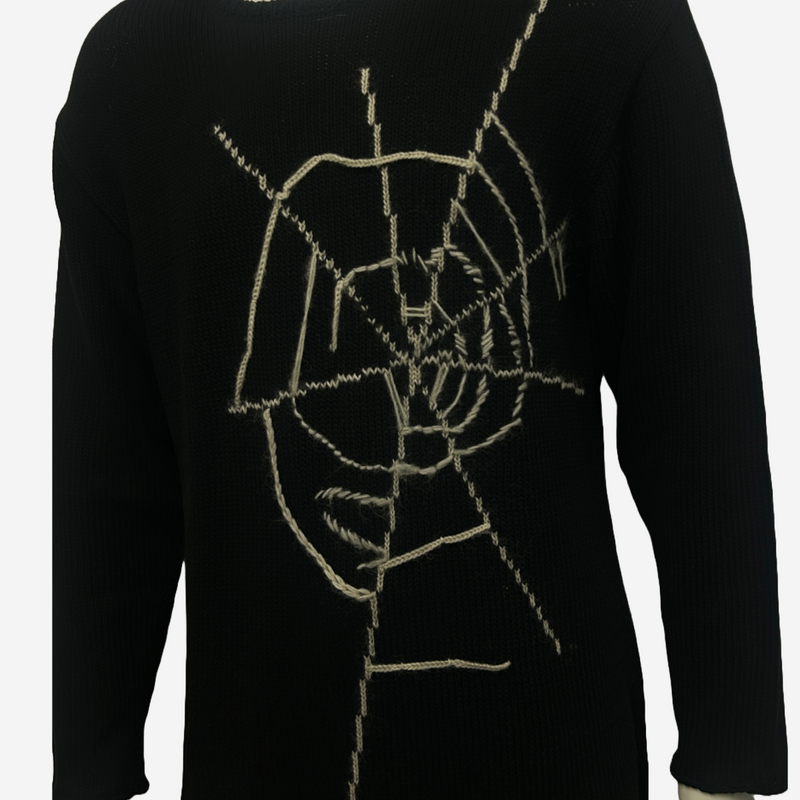 Yohji Yamamoto men's black cotton knitted jumper with spiderweb motif