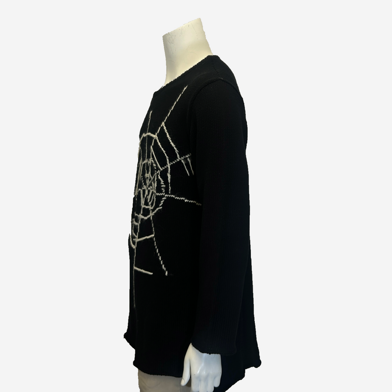 Yohji Yamamoto men's black cotton knitted jumper with spiderweb motif