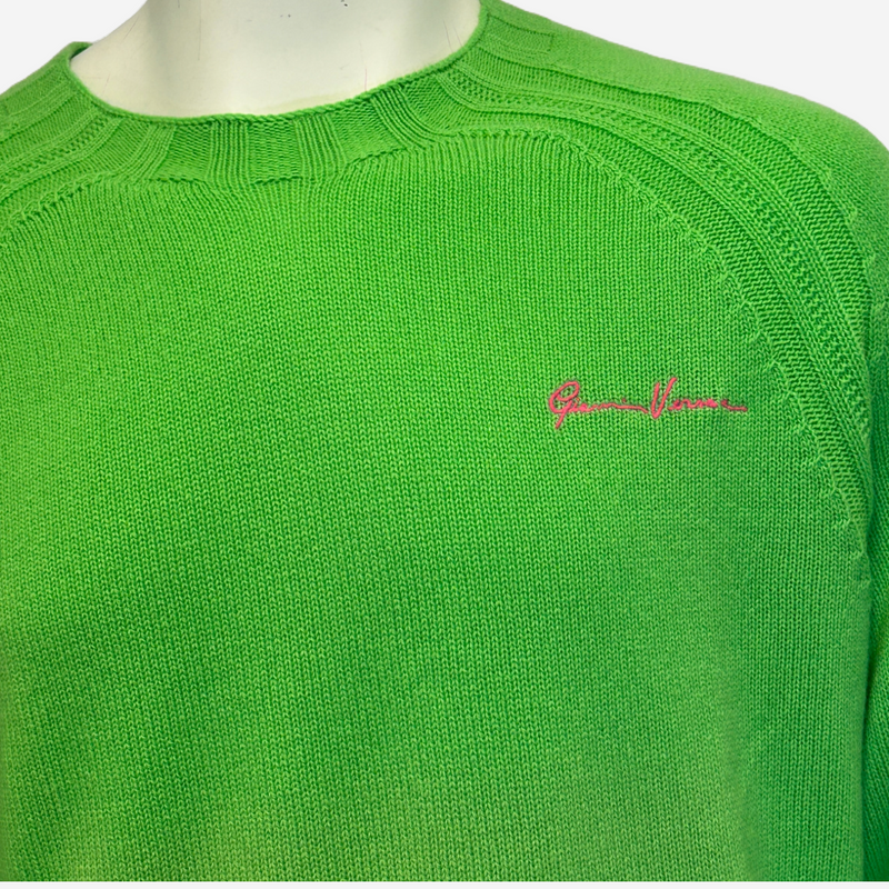 Versace men's lime green cashmere sweater with pink logo embroidery