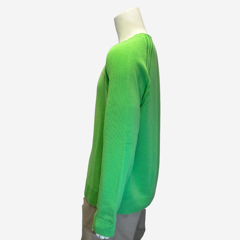 Versace men's lime green cashmere sweater with pink logo embroidery