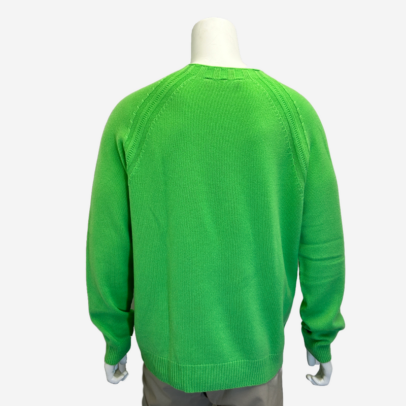 Versace men's lime green cashmere sweater with pink logo embroidery