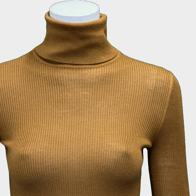 Saint Laurent women's brown ribbed silk roll-neck top