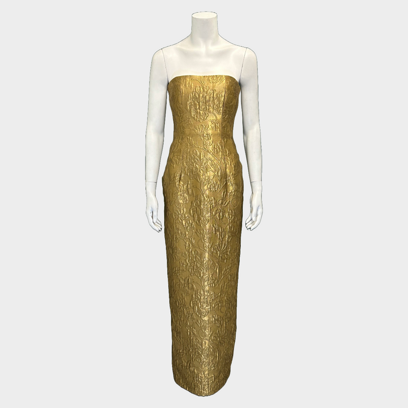 Emilia Wickstead gold metallic brocade strapless Laelia maxi dress