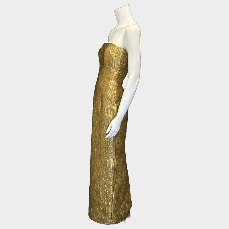 Emilia Wickstead gold metallic brocade strapless Laelia maxi dress