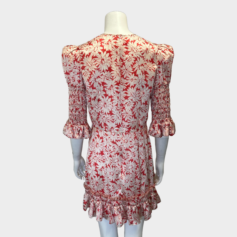 The Vampire's Wife red and white flower print silk ruched short sleeves dress