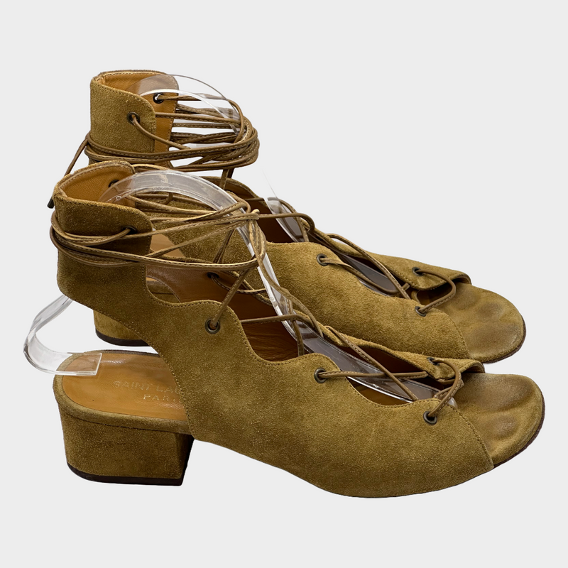 Saint Laurent camel suede lace-up heeled sandals