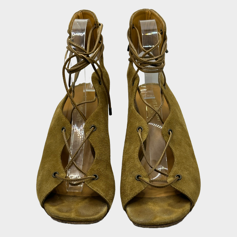 Saint Laurent camel suede lace-up heeled sandals