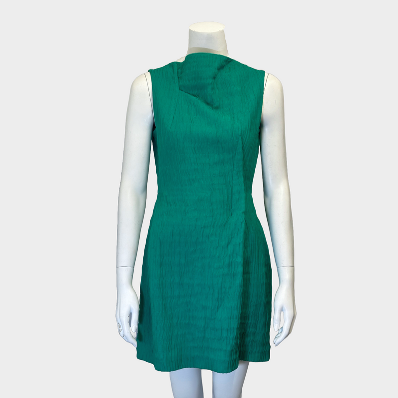 Roland Mouret green textured silk blend sleeveless dress with draped neckline