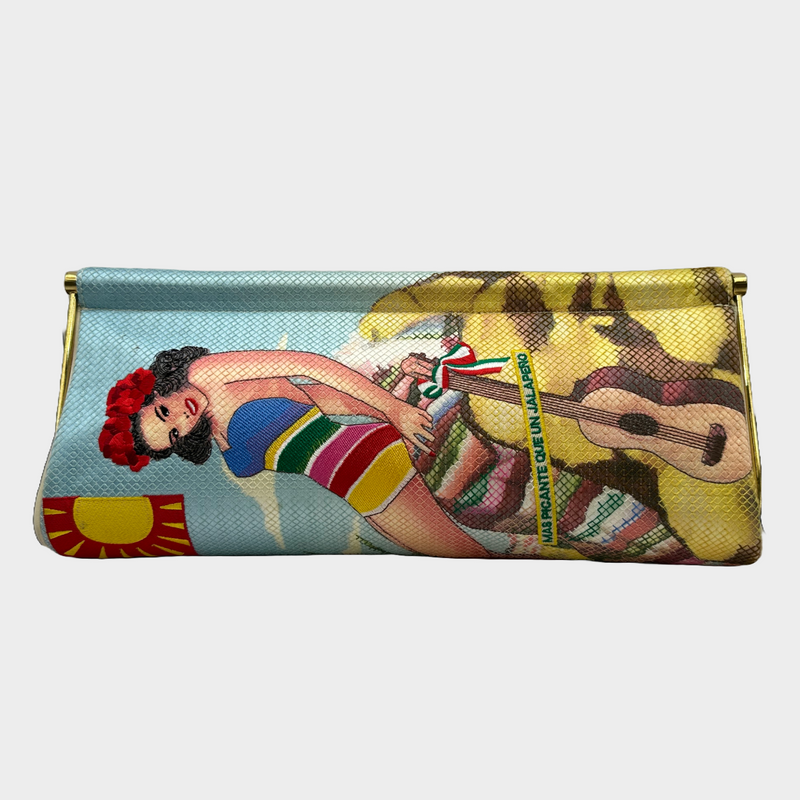 Charlotte Olympia multicoloured silk Mas Picante Guitar print clutch