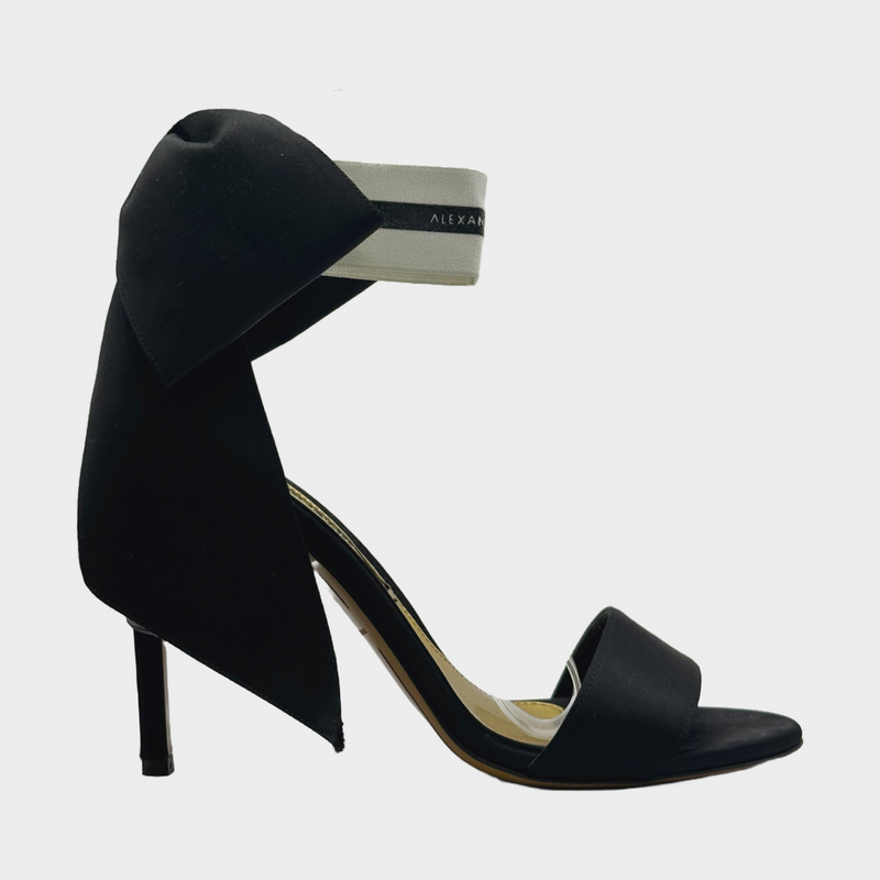 Alexandre Vauthier black and white satin sandal heels with bow down detail at the back