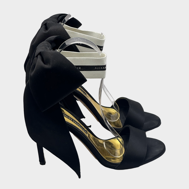 Alexandre Vauthier black and white satin sandal heels with bow down detail at the back