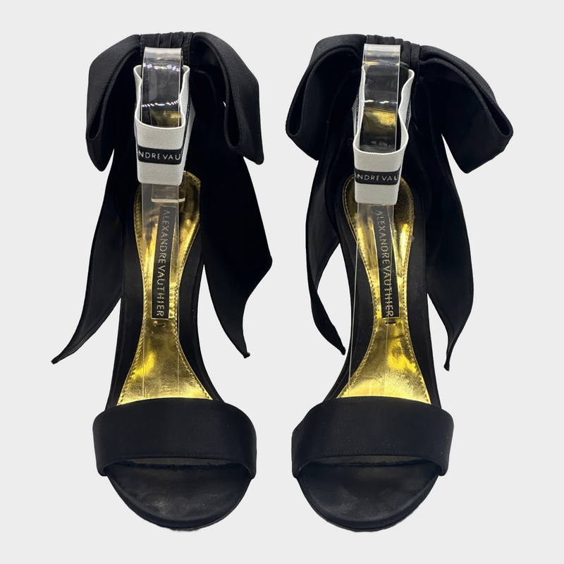 Alexandre Vauthier black and white satin sandal heels with bow down detail at the back