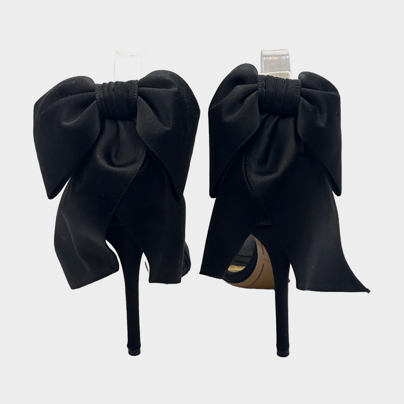 Alexandre Vauthier black and white satin sandal heels with bow down detail at the back