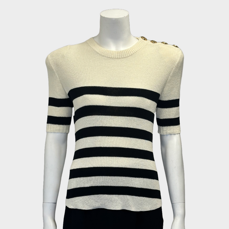 BALMAIN black and white striped cotton short sleeved jumper with gold tone buttons