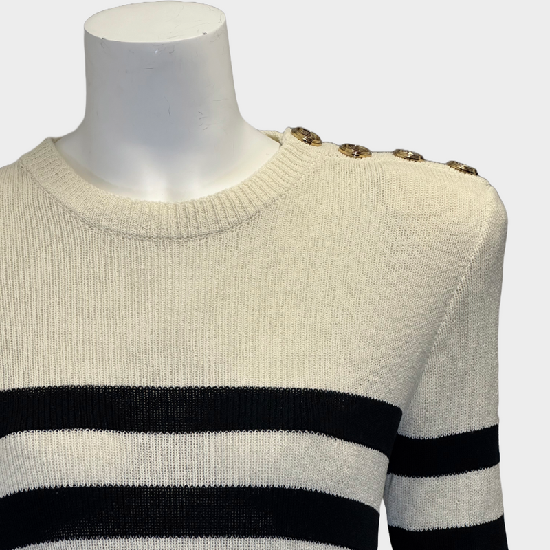 BALMAIN black and white striped cotton short sleeved jumper with gold tone buttons