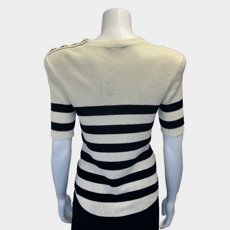 BALMAIN black and white striped cotton short sleeved jumper with gold tone buttons