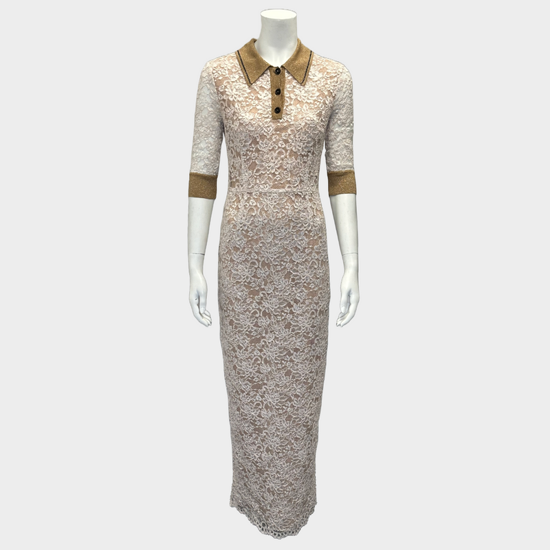 Alessandra Rich beige and nude lace short sleeved maxi dress