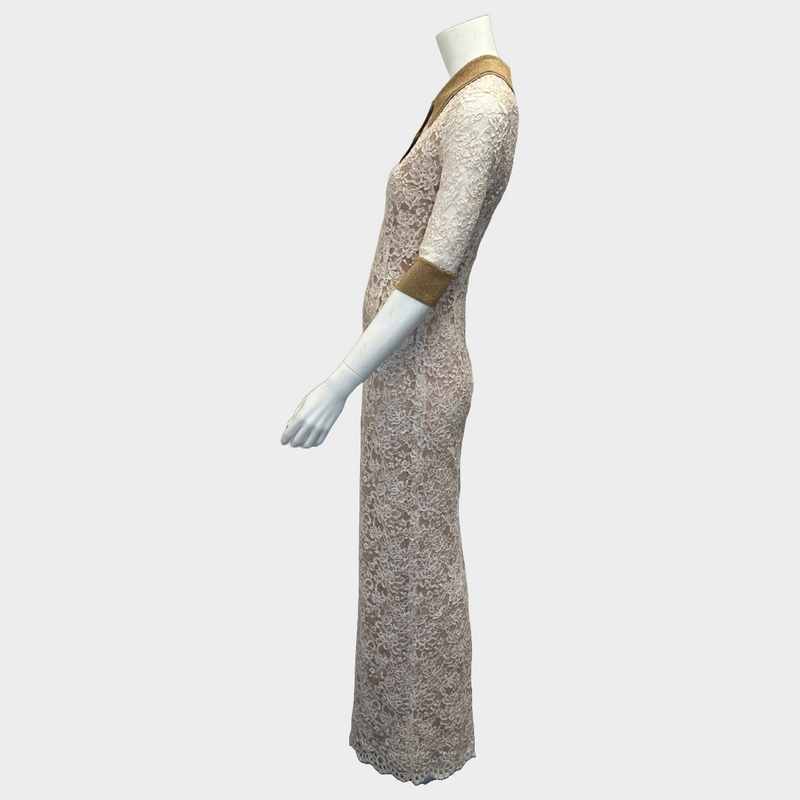 Alessandra Rich beige and nude lace short sleeved maxi dress