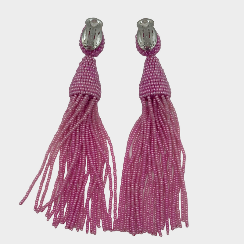 Oscar de la Renta pink beaded long clip-on earrings