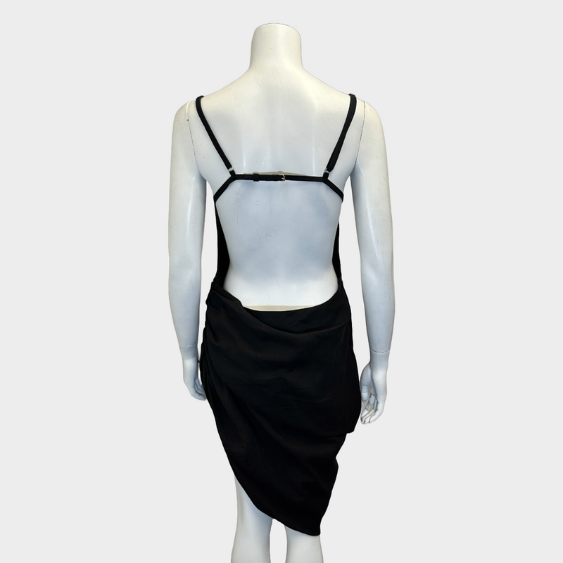 Jacquemus black linen draped asymmetrical dress with open back