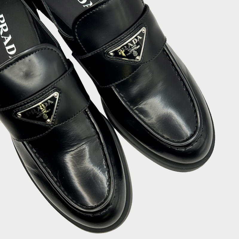 Prada women's black leather logo platform loafers