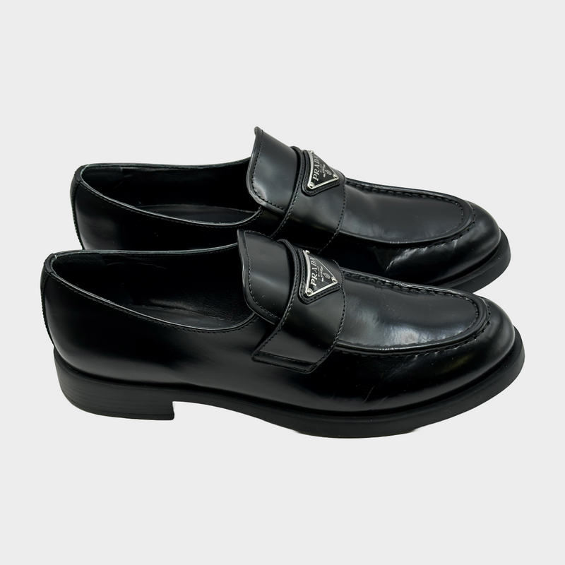 Prada women's black leather logo platform loafers