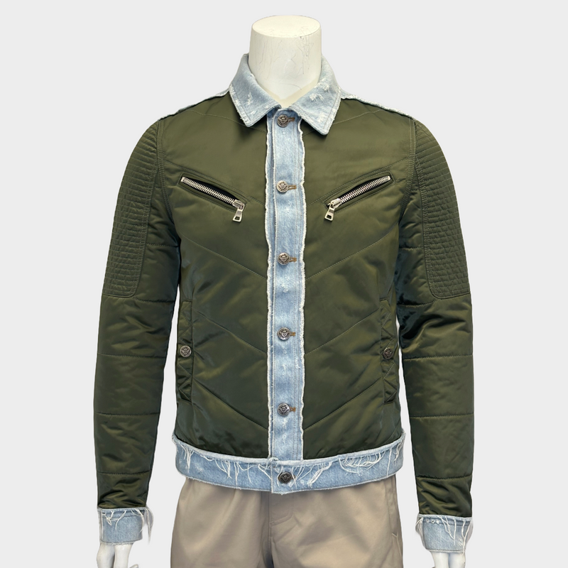 Balmain men's green and blue nylon/denim buttoned jacket