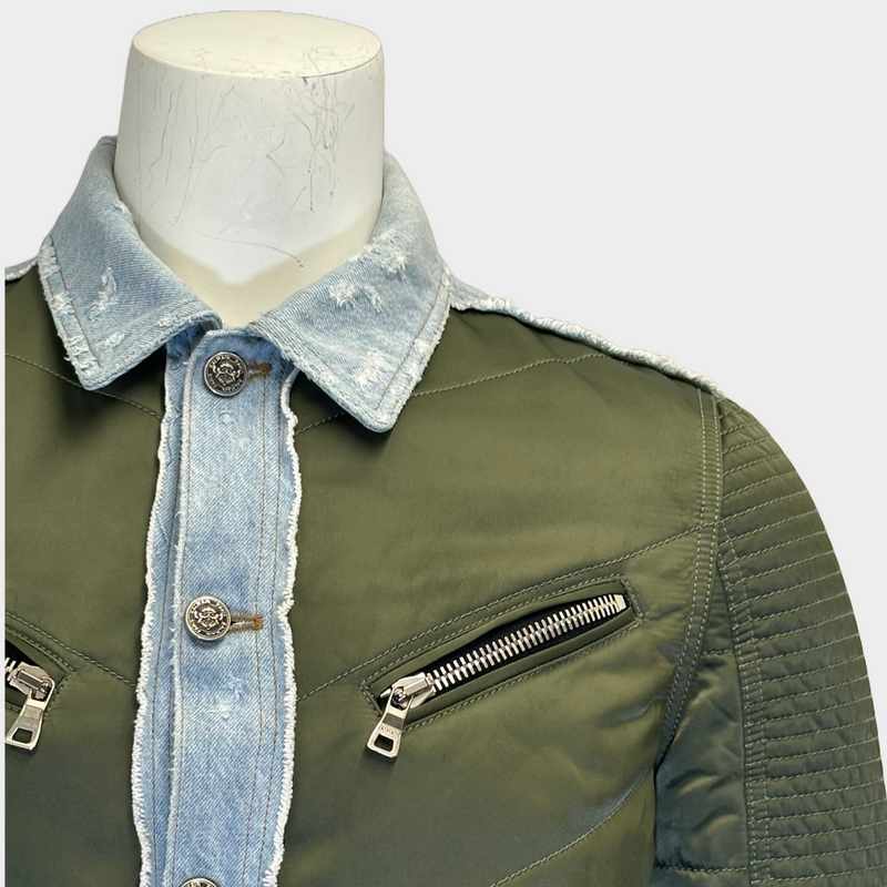 Balmain men's green and blue nylon/denim buttoned jacket