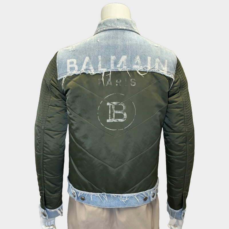 Balmain men's green and blue nylon/denim buttoned jacket