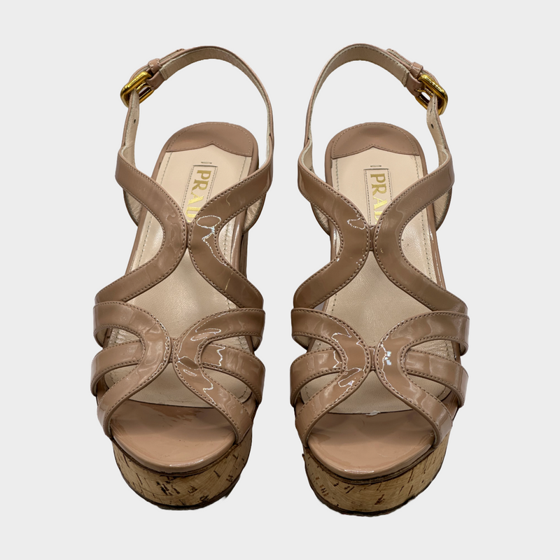 Prada beige patent leather sandal-style wedges