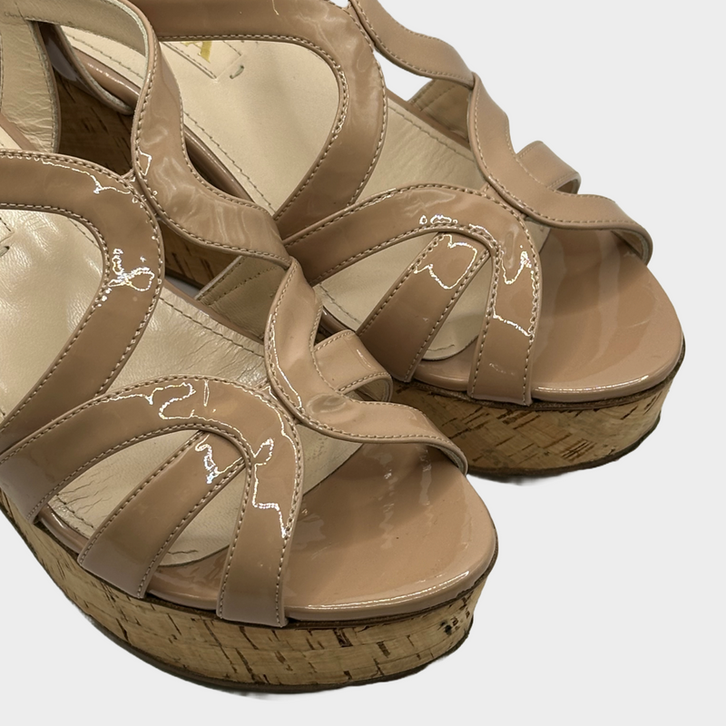 Prada beige patent leather sandal-style wedges