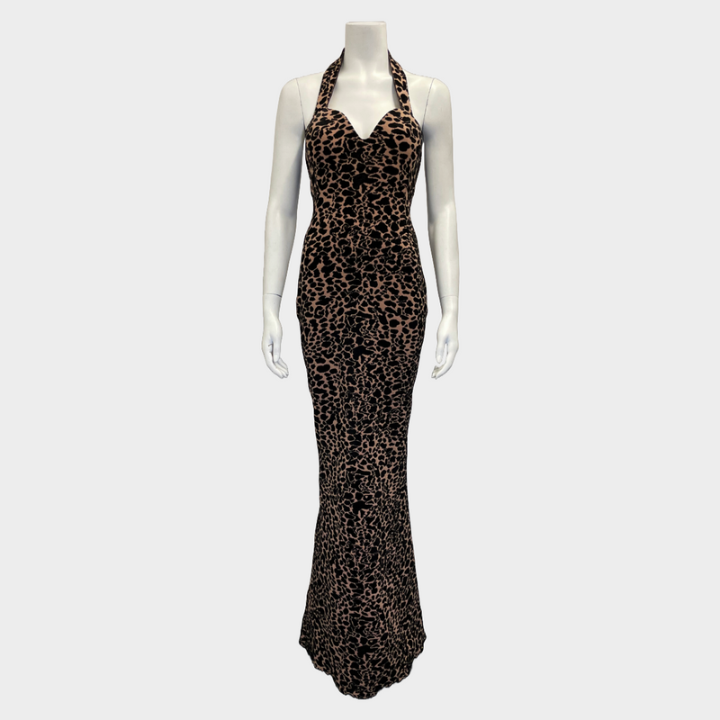 ALAÏA black and beige tiger print wool blend halter-neck maxi dress