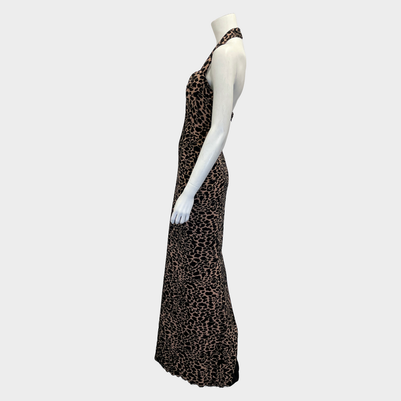 ALAÏA black and beige tiger print wool blend halter-neck maxi dress