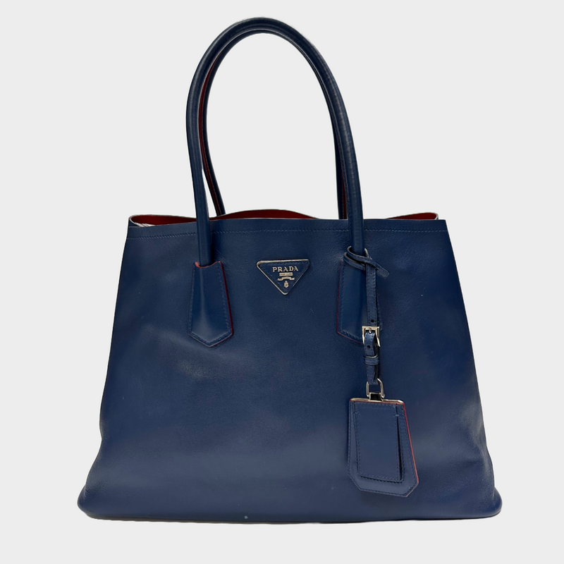 Prada blue and red leather saffiano cuir lined leather tote bag