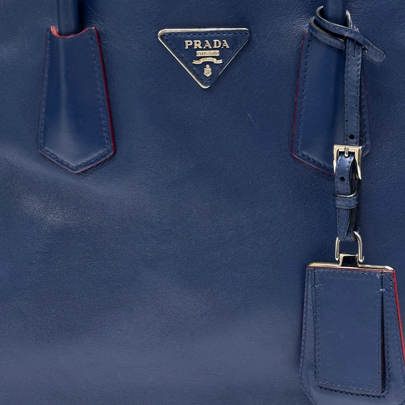 Prada blue and red leather saffiano cuir lined leather tote bag